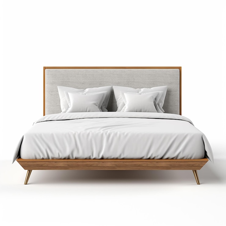 Foto ein bett mit einem weißen komfort und einem holzrahmen mit weißem hintergrund