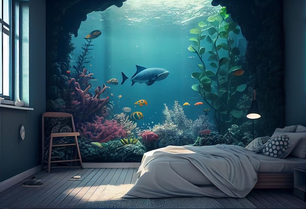 Ein Bett mit einer Decke darauf und einem Fisch in der unteren rechten Ecke.