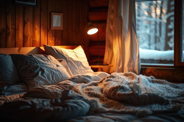 Ein Bett mit einer Decke und Kissen in einem Zimmer