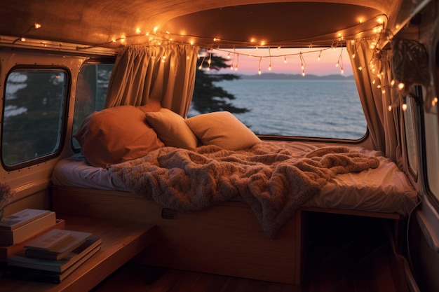 Ein Bett mit einer Decke und Lichtern darauf ist beleuchtet und bietet einen Blick auf das Meer.