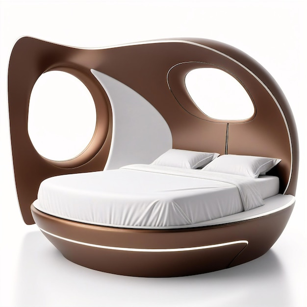 ein Bett mit einer kreisförmigen Form und einem weißen Bettdeckel