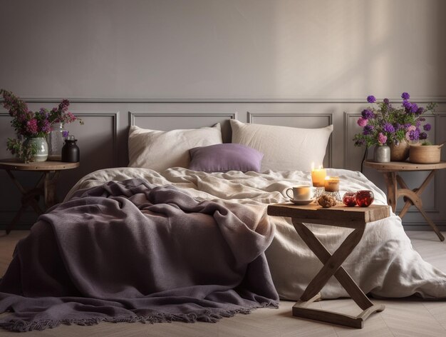 Ein Bett mit einer lila Decke und einem Tablett mit Essen darauf.