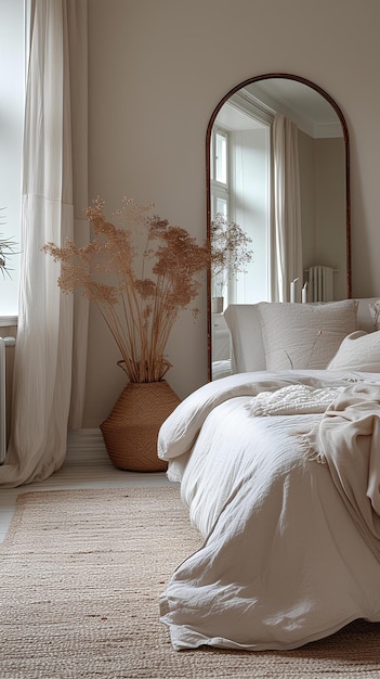 Ein Bett mit einer weißen Decke und einem Spiegel in einem Raum mit einem Fenster und einer Pflanze in einer neutralen Vase