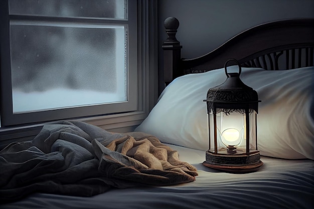 Ein Bett mit einer weißen Decke und Kissen darauf und einer lampegenerativen KI