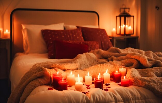 ein Bett mit Kerzen und einem herzförmigen Kissen auf dem Bett