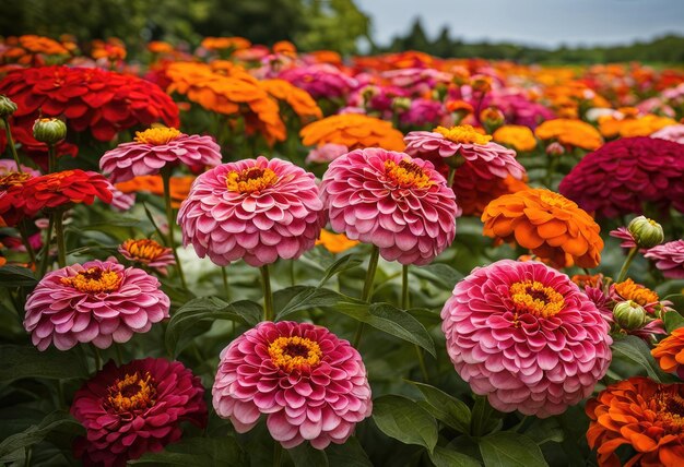 Ein Bett von Zinnias in der Summe