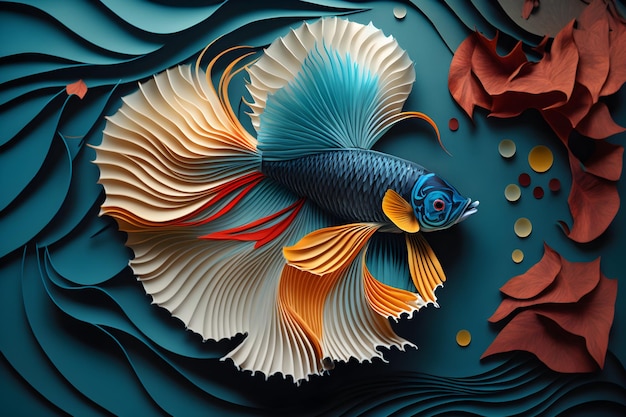Ein Betta-Fisch mit blauen und orangefarbenen Flügeln