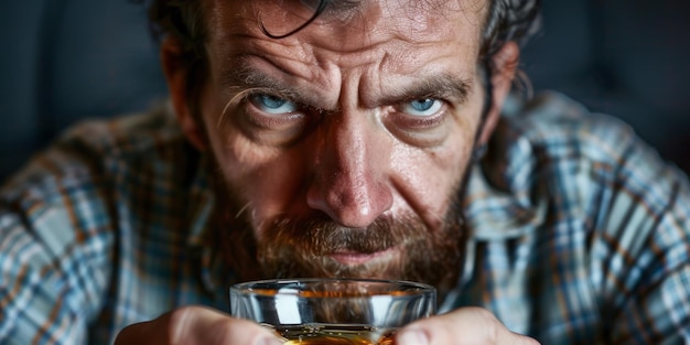 Ein beunruhigter Mann kämpft gegen seine Alkoholabhängigkeit Sein Gesicht ist voller Verzweiflung und hält ein Glas Schnaps in der Hand