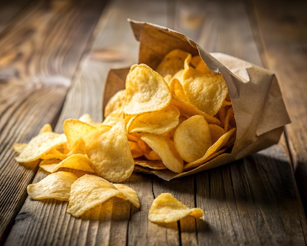 Foto ein beutel mit kartoffelchips auf einem holztisch