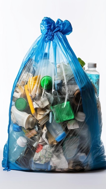 ein Beutel voller Müll, auserwählt für das Recycling von Plastikflaschen mit Wasser, Speisen zum Mitnehmen, Packungen, Dosen, Beuteln