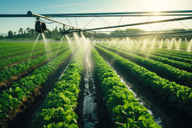 Ein Bewässerungssystem, das ein Feld mit einer Ernte mit Wasser besprüht