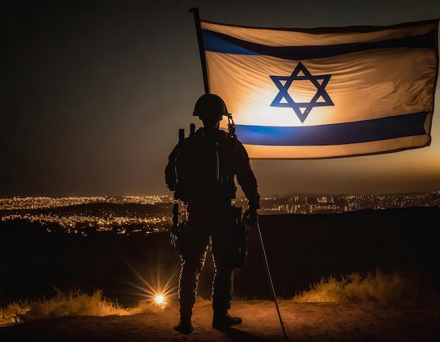Ein bewaffneter Soldat steht neben einer israelischen Flagge mit einer wunderschönen Silhouette des Sonnenuntergangs