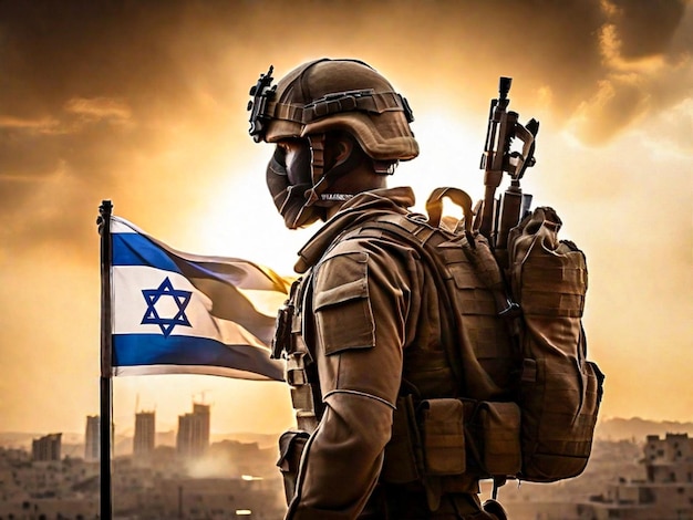 Ein bewaffneter Soldat steht neben einer israelischen Flagge mit einer wunderschönen Silhouette des Sonnenuntergangs