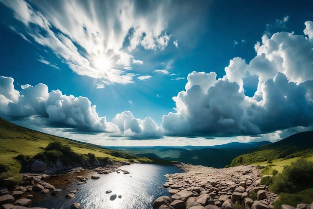 ein bewölkter Himmel über einem See mit der Sonne, die durch die Wolken scheint