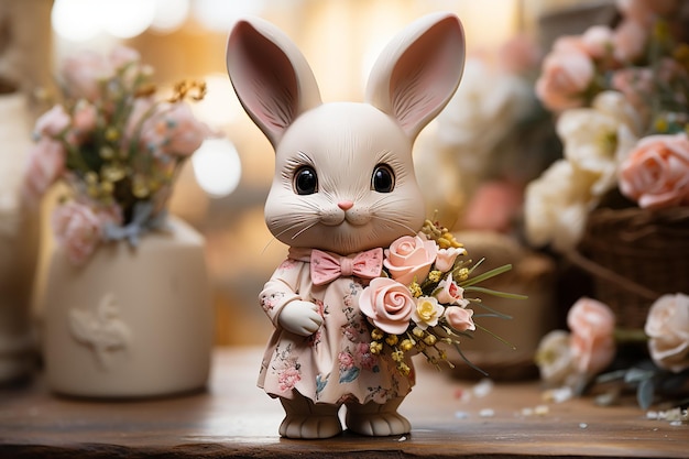 ein bezaubernder Hase, der ein süßes, von der KI generiertes Sommerkleid mit Blumenmuster trägt