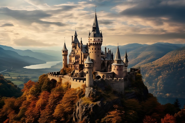 Ein bezauberndes historisches Schloss auf einem Hügel, realistisches Foto
