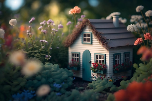 Ein bezauberndes Miniaturhaus inmitten blühender Gartenblumen, aufgenommen in Nahaufnahme mit generativer Tiefenschärfe-KI