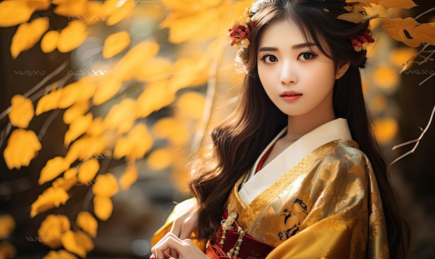 Ein bezauberndes Porträt, das das Wesen eines Mädchens in traditioneller japanischer Kleidung vor einer malerischen Herbstkulisse einfängt