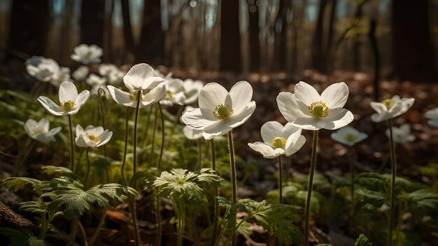 Foto ein bezauberndes waldgesicht, eine nahaufnahme von frühlingsanemonen im sonnenlicht