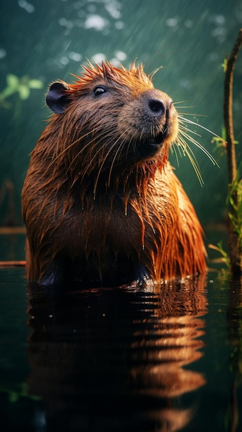 Ein Biber schwimmt in einem Teich.