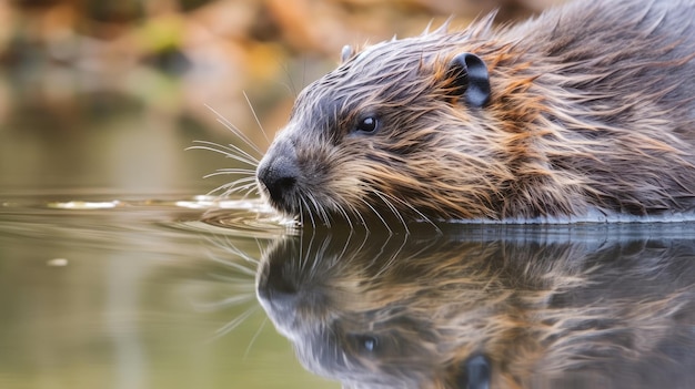 Ein Biber schwimmt mit dem Kopf im Wasser in einem Teich.