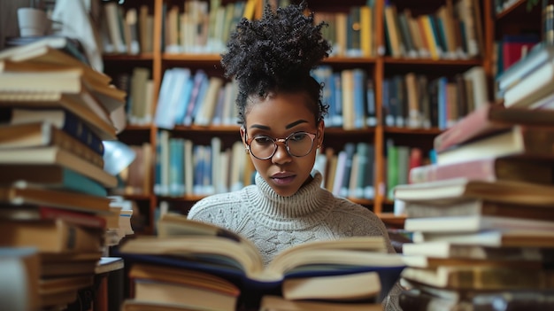 Ein Bibliothekar in einer Bibliothek, der Bücher organisiert und nach einer trendigen und einfachen Art und Weise sucht, verschiedene Aspekte zu markieren