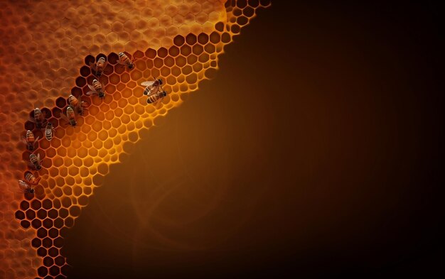 Ein Bienenstock mit braunem Hintergrund und einem Bienenstock mit einer Biene darauf.