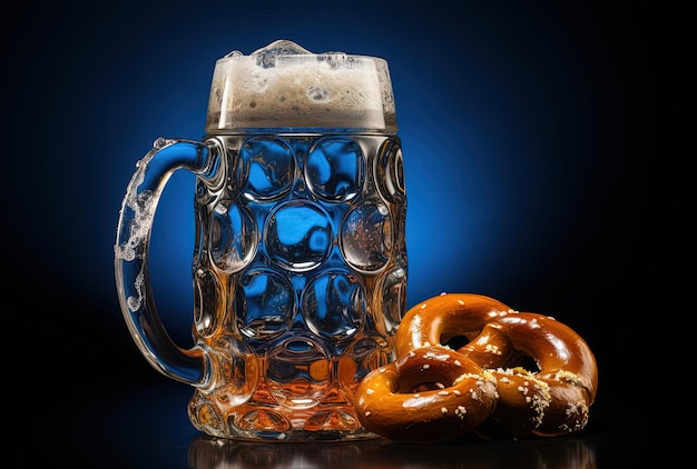 ein Bierbecher mit einem Brezel daneben