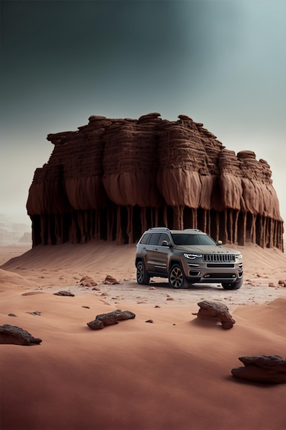 Ein Bild, aufgenommen von der Vorderseite eines Jeeps in der Wüste mit generativer KI