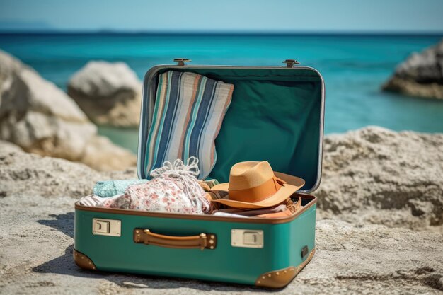Ein Bild, das den Koffer und seinen Inhalt beschreibt, angeordnet im Stil eines Urlaubs