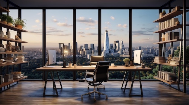 Ein Bild, das ein modernes Büro mit Blick auf die Stadt zeigt