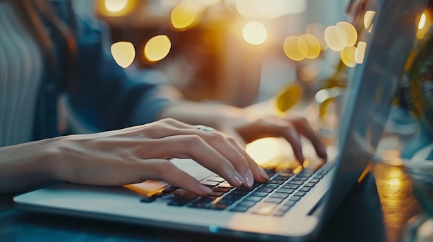 Foto ein bild, das eine frau zeigt, die auf einer laptop-computer-tastatur schreibt und am schreibtisch im internet surft, die online in geschäftstechnologie und internetkommunikation arbeitet