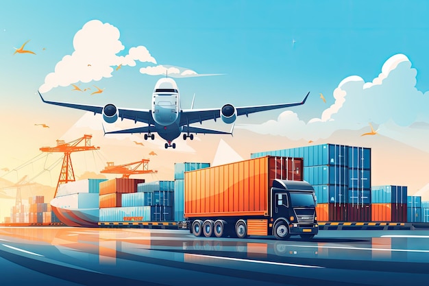 Ein Bild, das Logistik mit einem Container-LKW-Schiff im Hafen und einem Flugzeug für den Import-Export darstellt