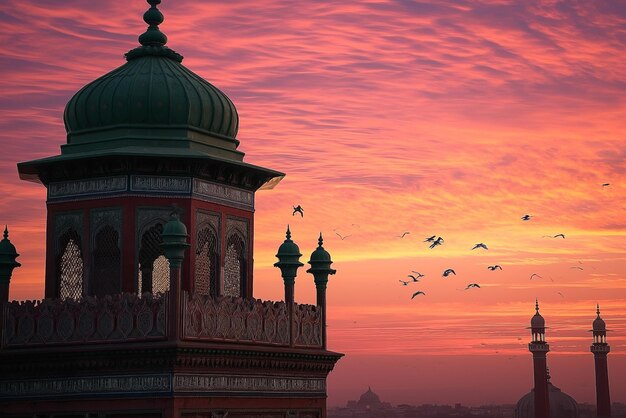 Ein Bild der Kuppel und eines Uhrturms in einer Moschee bei Sonnenuntergang oder Sonnenaufgang der höchste Uhrturm