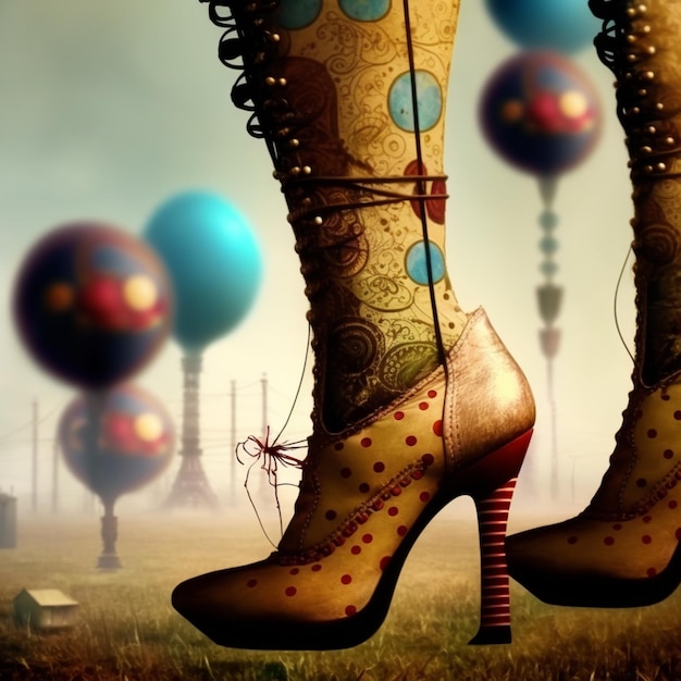 Ein Bild der Stiefel einer Frau mit einem blauen Ballon im Hintergrund.