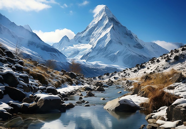 Ein Bild des Everest, der sich hinter einem blauen Himmel erhebt