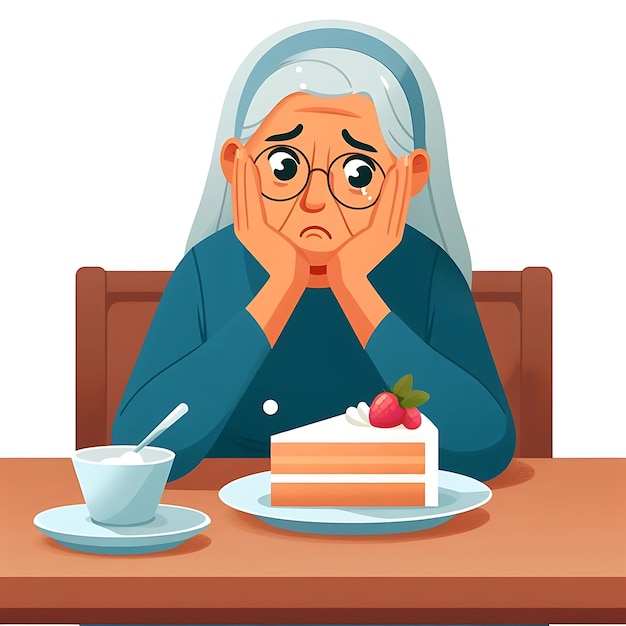ein Bild einer alten Frau mit Brille und einem Kuchen mit einer Tasse Tee
