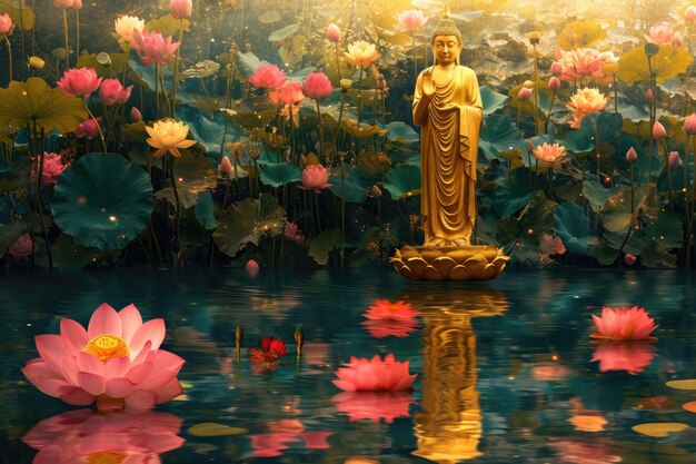 Foto ein bild einer buddha-statue im wasser mit lotusblumen