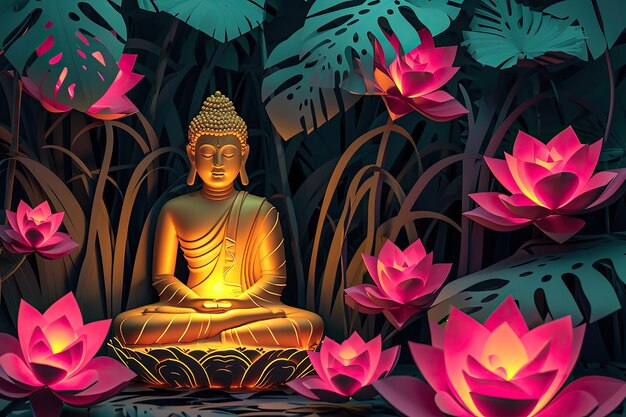 ein Bild einer Buddha-Statue mit Lotusblumen im Hintergrund