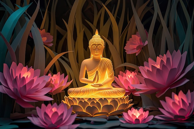 ein Bild einer Buddha-Statue mit Lotusblumen im Hintergrund
