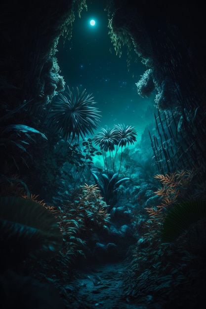 Ein Bild einer dunklen Höhle mit Pflanzen und Bäumen Generative KI