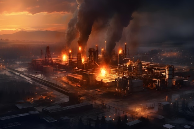 Ein Bild einer Fabrik mit brennendem Himmel und Rauch