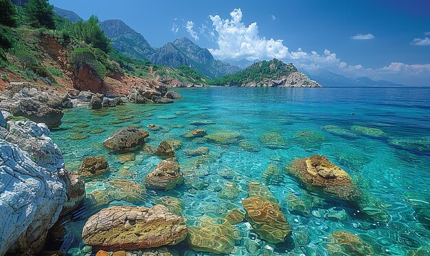 ein Bild einer felsigen Küste mit blauem Wasser und Bergen im Hintergrund