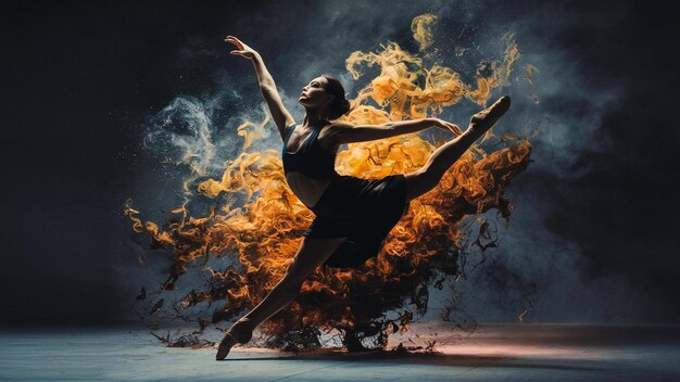 ein Bild einer Frau, die mit einem Feuer im Hintergrund in Flammen tanzt