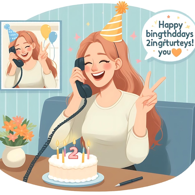 ein Bild einer Frau mit einer Geburtstagsmütze und den Worten "Glücklicher Geburtstag" am Telefon