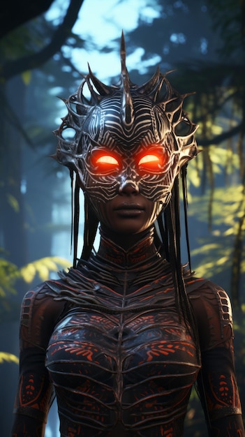 ein Bild einer Frau mit leuchtenden Augen im Wald