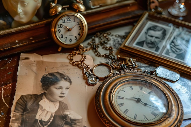 Foto ein bild einer frau neben einer taschenuhr