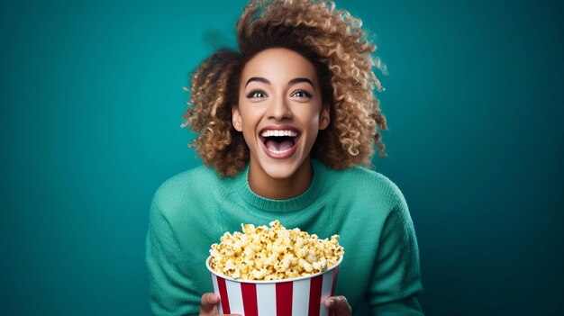 Foto ein bild einer fröhlichen jungen frau mit lockigem haar, die popcorn isst, isoliert auf grünem hintergrund generative ki