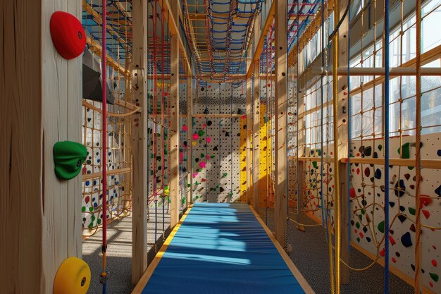 Ein Bild einer Innen-Kletterwand mit mehreren Kletterseilen und Kletterkugeln Ein Spielplatz wie ein Fitnessstudio mit Kletterwänden und Seilen KI generiert