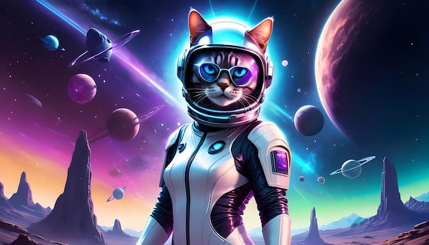 ein Bild einer Katze in Science-Fiction-Brille und einem futuristischen Overall und einem Weltraumhelm